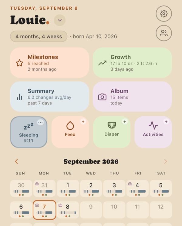 The EMOY app’s home screen: buttons to log sleep, feeds, diapers and activities, above a calendar of the month’s logs.